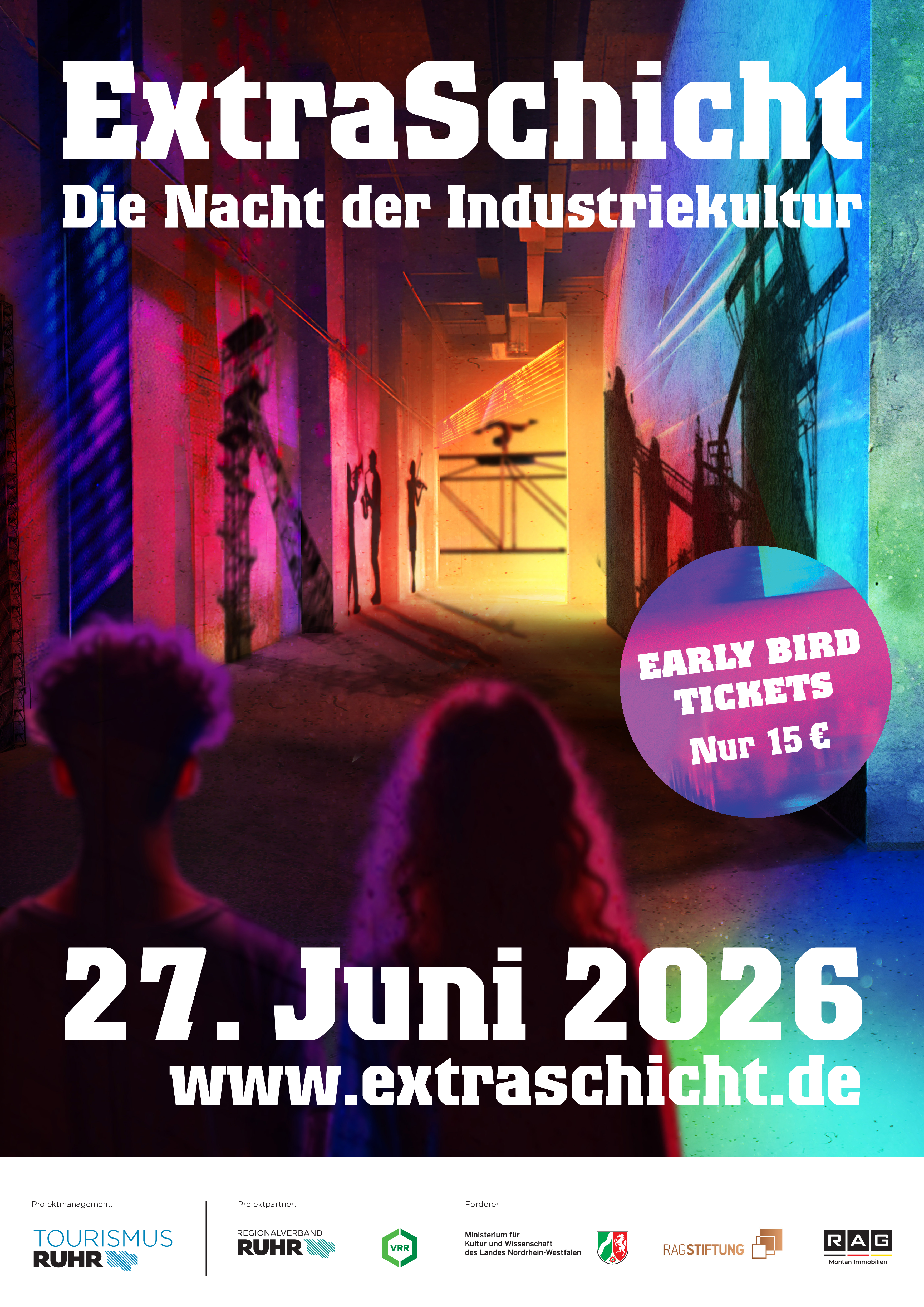 Grafik_ExtraSchicht26_EarlyBird Ab dem 17.03.2026 startet die Frühbucher-Aktion des Ticketverkaufs für die Extraschicht am 27.06.2026. Tickets kosten bis zum 20.Mai 15 € pro Person.